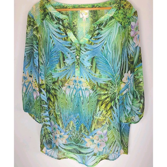 Tropical Trends Tops - Fig & Flower Tropical Blouse 1X Sheer Floral Palm Print Boho Tunic